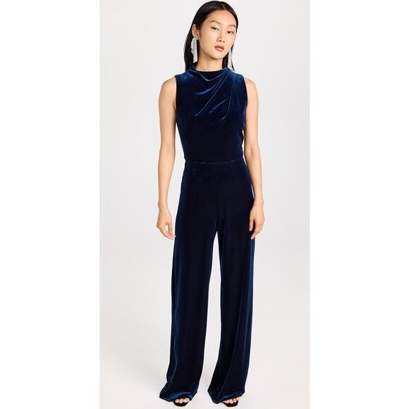 NWT Black Halo Deep Navy Velvet Sleeveless Mock Neck Corrine Jumpsuit Womens 2 - Picture 1 of 8